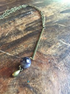 Chain Necklace with Long Bar, Gemstone Sphere, and Gold Teardrop by Joanna Coblentz