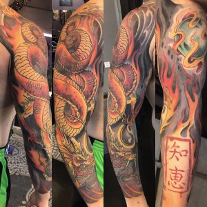 St Pete Tattoo Fire Dragon Sleeve by J Michael Taylor