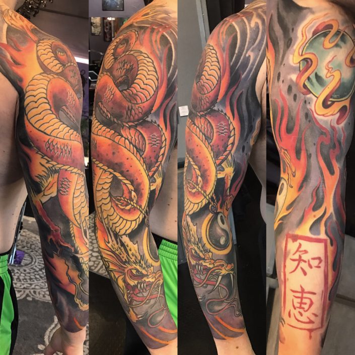 St Pete Tattoo Fire Dragon Sleeve by J Michael Taylor