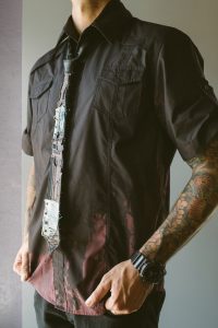Multimedia Tie on Black Button-down Shirt with Red Dye by Joanna Coblentz