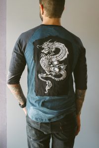 St Pete Tattoo Black and Blue Baseball Tee with Dragon by Joanna Coblentz