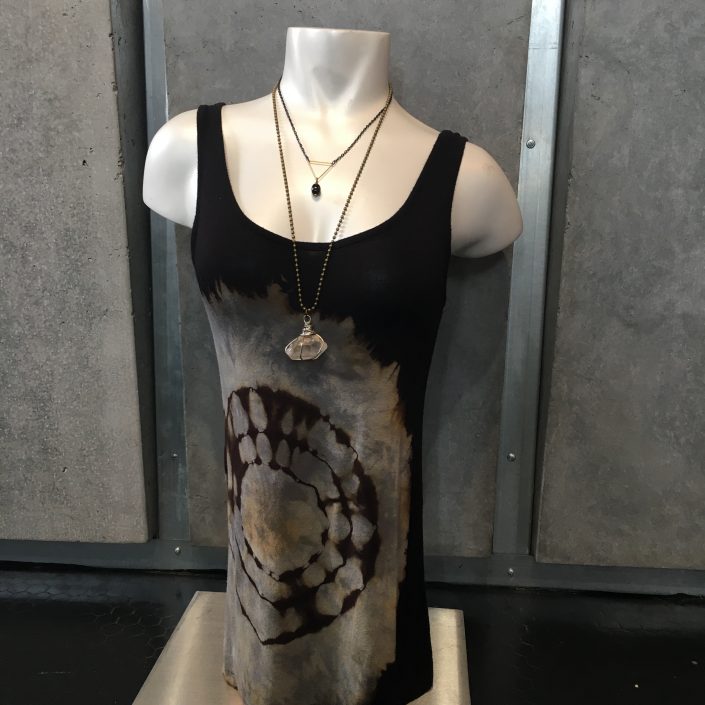 Chain Necklace with Clear Gemstone on Black and Grey Tie-dye Tank Top by Joanna Coblentz