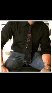 Black and Red Multimedia Tie on Black Button-down Shirt by Joanna Coblentz