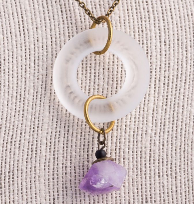 Chain Necklace with Clear Ring and Hanging Amethyst Stone by Joanna Coblentz