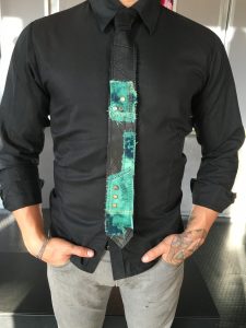 Black and Green Multimedia Tie on Black Button-down Shirt by Joanna Coblentz