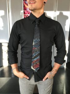 Black, Red, and Blue Multimedia Tie on Black Button-down Shirt by Joanna Coblentz