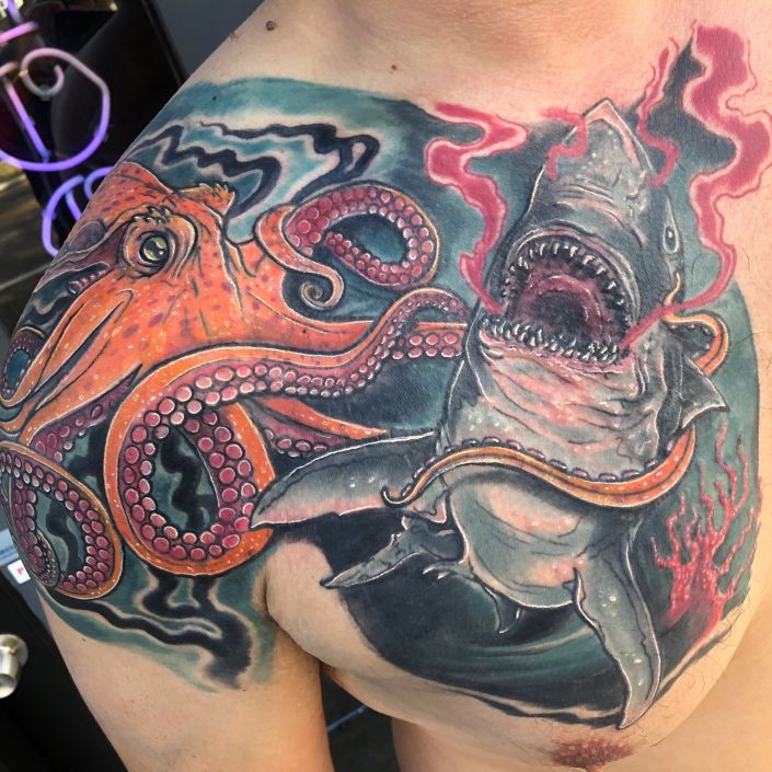 St Pete Tattoo Shark vs Octopus Tattoo