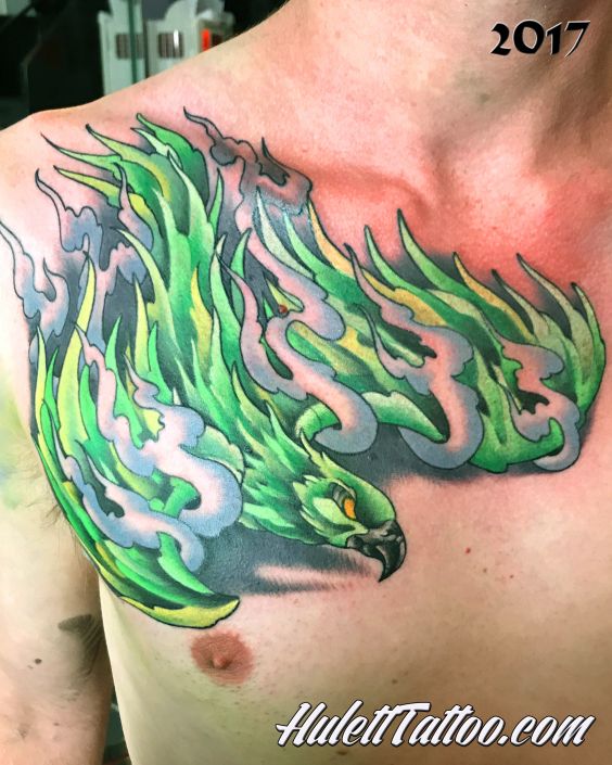 St Pete Tattoo Green Fire Bird Tattoo by Jeremy Hulett