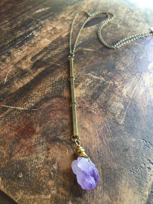 St Pete Tattoo Chain Necklace with Triple Gold Bars and Purple Amethyst Crystal Pendant