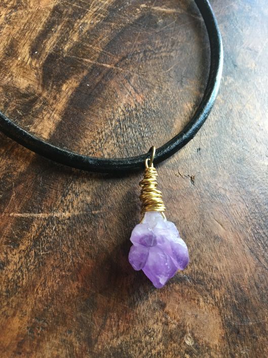 St Pete Tattoo Leather Rope Necklace with Amethyst Crystal Pendant