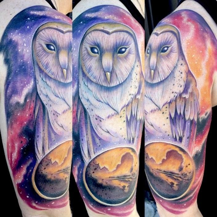 Finished custom tattoo design of an owl sleeve by Black Amethyst